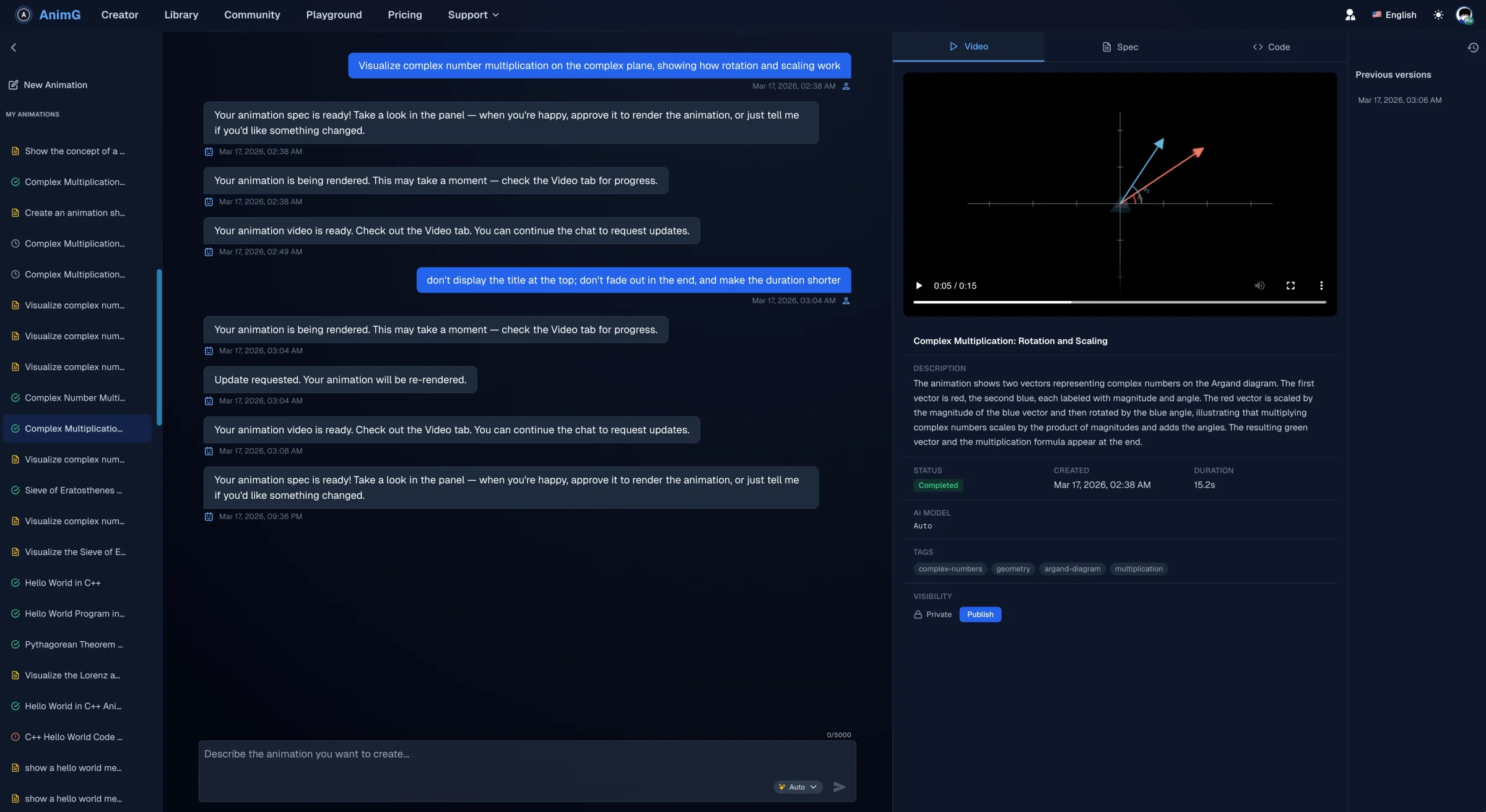 AnimG Manim AI generator interface in dark mode — chat prompt creating a math animation with live video preview and rendered output details